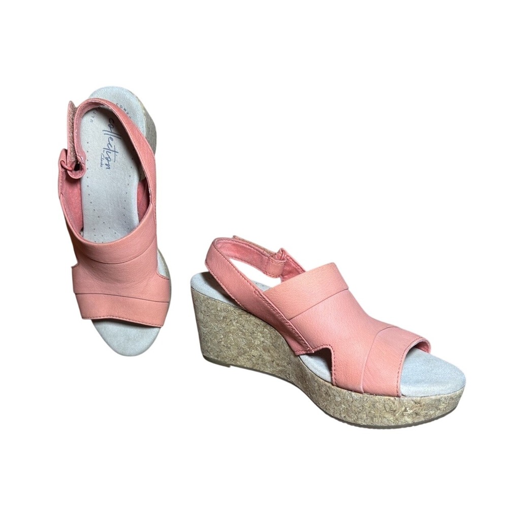 Clarks Petrina Selma 261454284050 Size 7.5 Coral Pink Leather Wedge Sandals